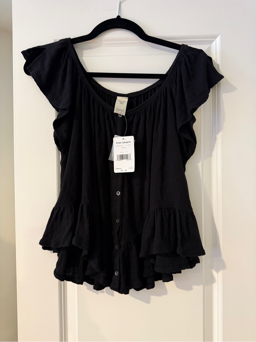 Black Ruffle Button-Front Women's Top - Picture 5 of 6